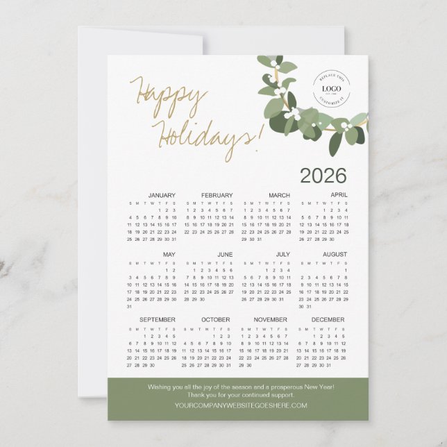 Modern Wreath Your Logo here 2026 Calendar Holiday Card (Front)
