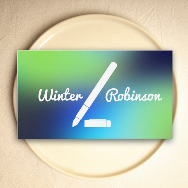Modern writer holographic blue green turquoise business card (Hologram gradient design-stylish business card for teacher, professor or writer)