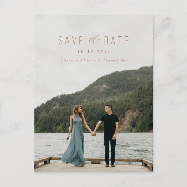 Modern Writing Save the Date Postcard Taupe (Front)