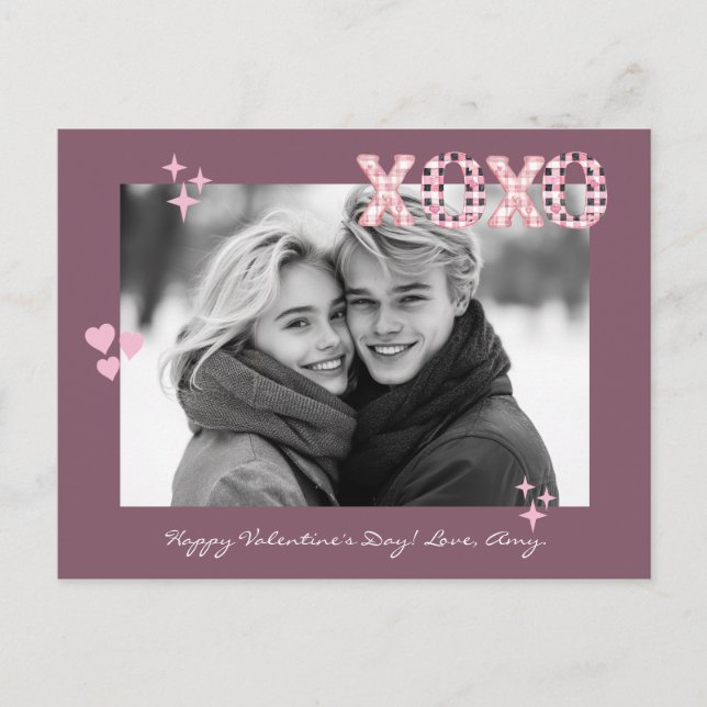 Modern XOXO Valentine's Day Custom Photo & Text Po Postcard (Front)