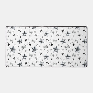 Modern Y2K Coquette Silver Star Ribbon Heart White Desk Mat