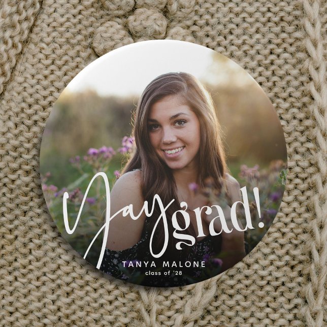 Modern Yay Grad' Custom Graduate Photo Graduation 7.5 Cm Round Badge (Creator Uploaded)