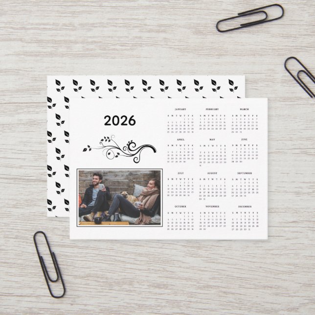 Modern Year 2026 Photo Calendar with Foliage  Business Card (Front/Back In Situ)