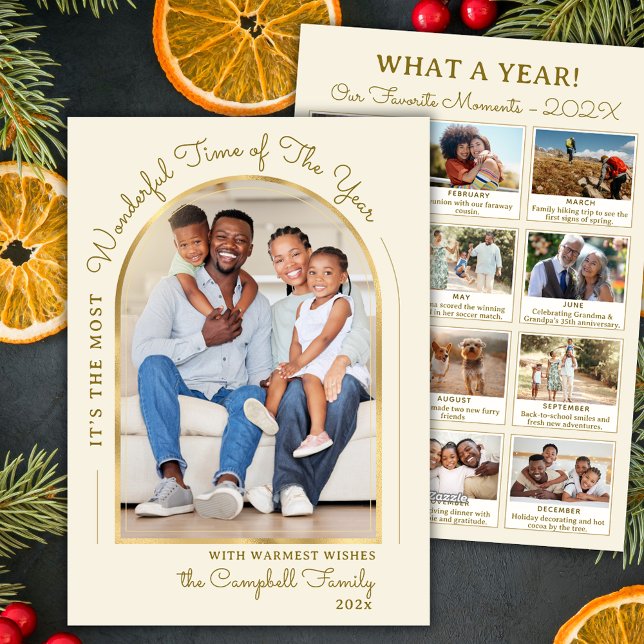Modern Year in Review Gold Arch 13 Photo Collage Holiday Card (Creator Uploaded)
