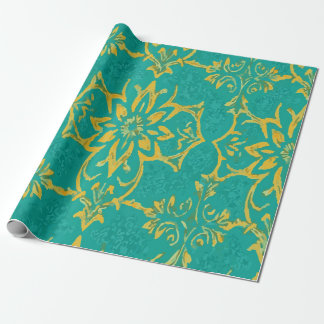 Modern Yellow Abstract Pattern on Teal Background Wrapping Paper