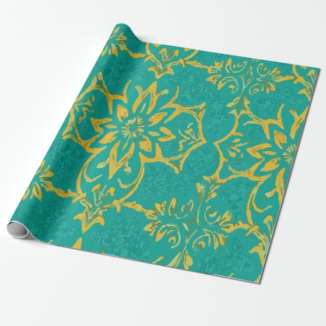 Modern Yellow Abstract Pattern on Teal Background Wrapping Paper (Unrolled)