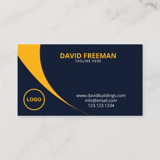 Modern Yellow and Blue Construction Company Logo Business Card (Front)