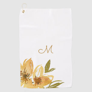 Modern Yellow and Copper Floral Monogram Golf Towel