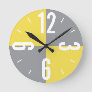 Modern yellow and gray color blocks large numbers round clock