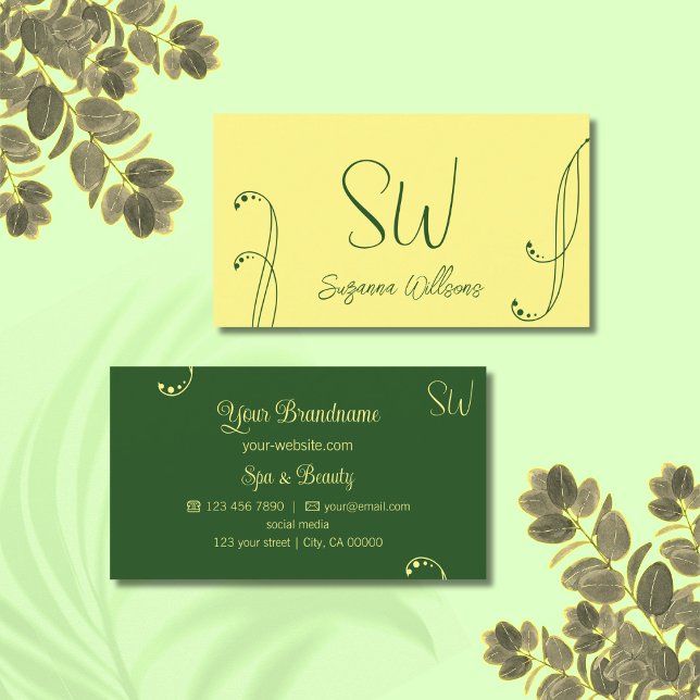 Modern Yellow and Green Chic Ornate with Monogram Business Card (Creator Uploaded)