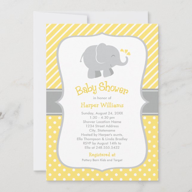 Modern Yellow and Grey Elephant Baby Shower Invitation (Front)
