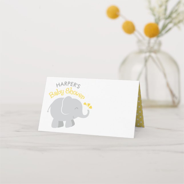 Modern Yellow and Grey Elephant Baby Shower Place Card (Front)
