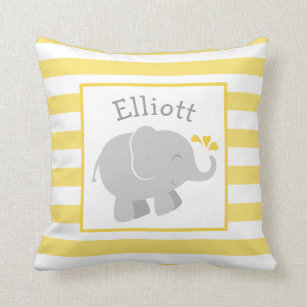Modern Yellow and Grey Elephant Custom Monogram Cushion