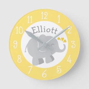 Modern Yellow and Grey Elephant Custom Monogram Round Clock