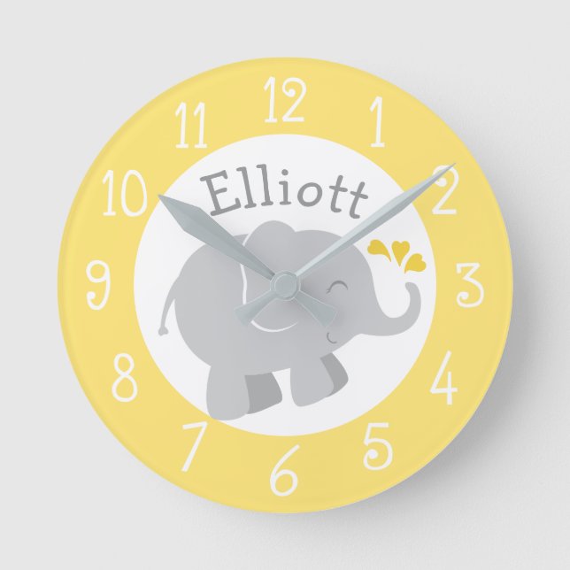 Modern Yellow and Grey Elephant Custom Monogram Round Clock (Front)