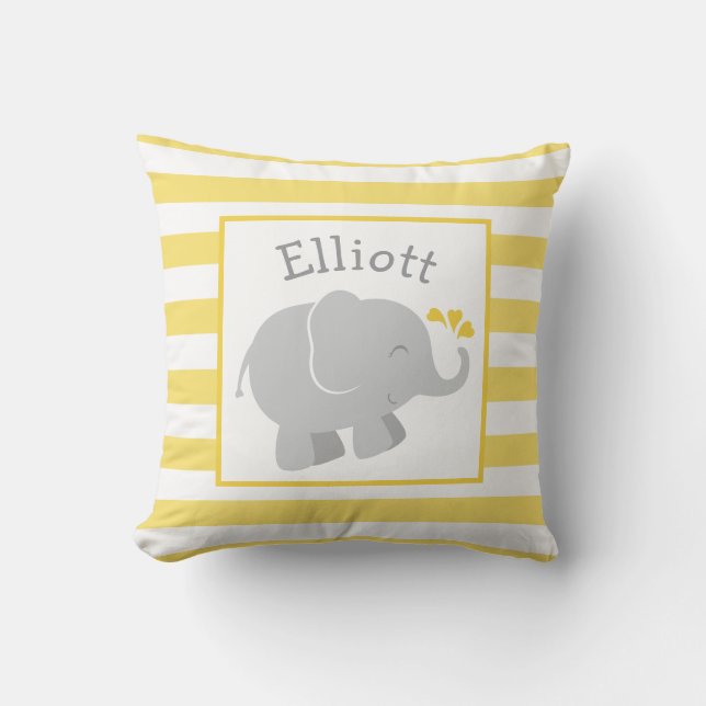 Modern Yellow and Grey Elephant Monogram Cushion (Front)