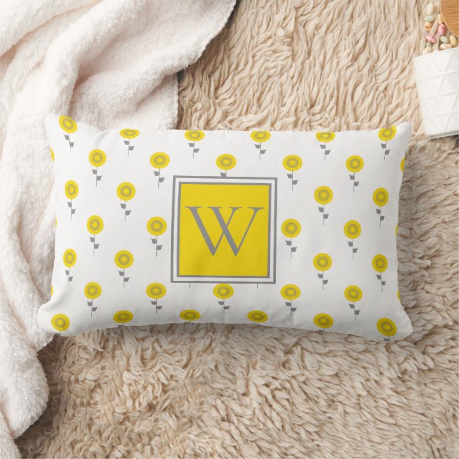 Modern Yellow and Grey Flower Monogram Lumbar Cushion (Blanket)
