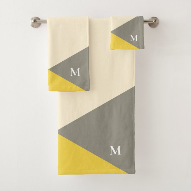 Modern Yellow and Grey Geometric Monogram Bath Towel Set (Insitu)