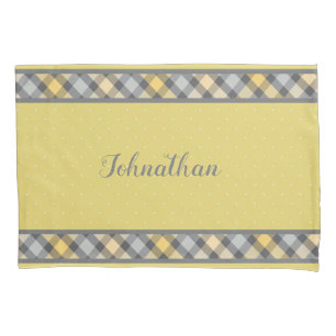Modern Yellow and Grey Polka Dot and Plaid Pillowcase