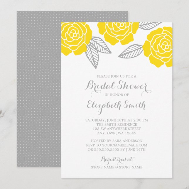 Modern Yellow and Grey Rose Bridal Shower Invitation (Front/Back)