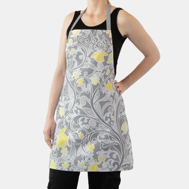 Modern Yellow and Grey Swirly Floral Apron (Insitu)