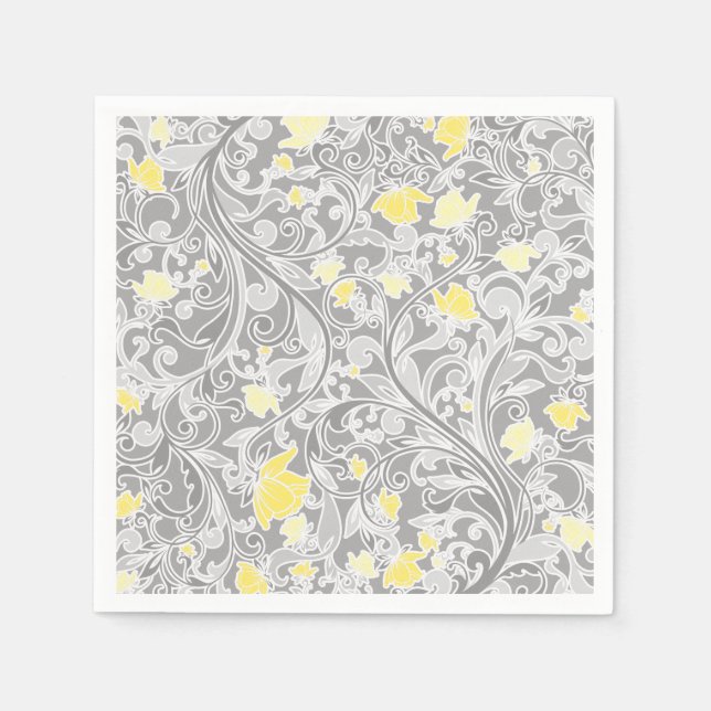 Modern Yellow and Grey Swirly Floral Napkin (Front)