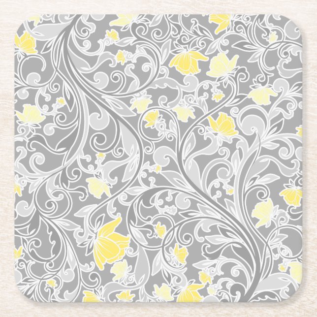 Modern Yellow and Grey Swirly Floral Square Paper Coaster (Front)