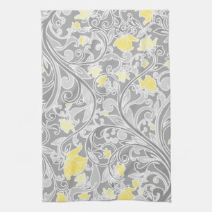 Modern Yellow and Grey Swirly Floral Tea Towel
