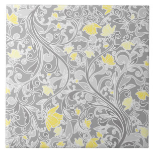 Modern Yellow and Grey Swirly Floral Tile