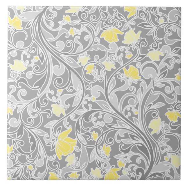 Modern Yellow and Grey Swirly Floral Tile (Front)