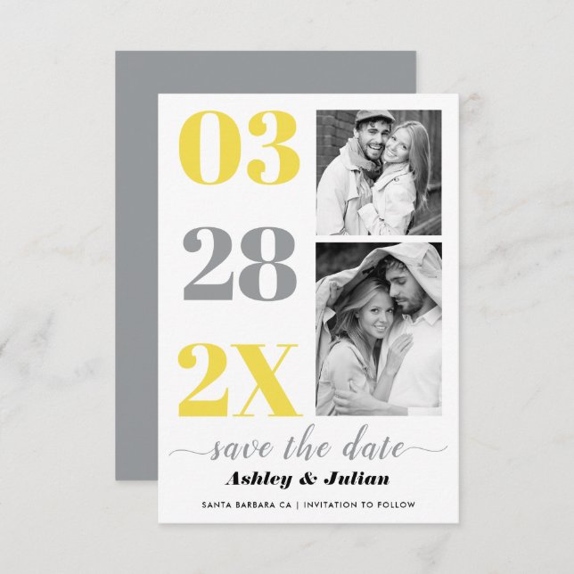 Modern yellow and grey typography two photo save the date (Front/Back)