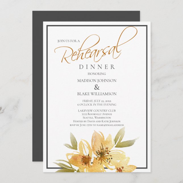Modern Yellow and Grey Wedding Rehearsal Dinner Invitation (Front/Back)