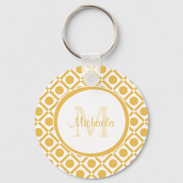 Modern Yellow and White Geometric Monogrammed Name Key Ring (Front)
