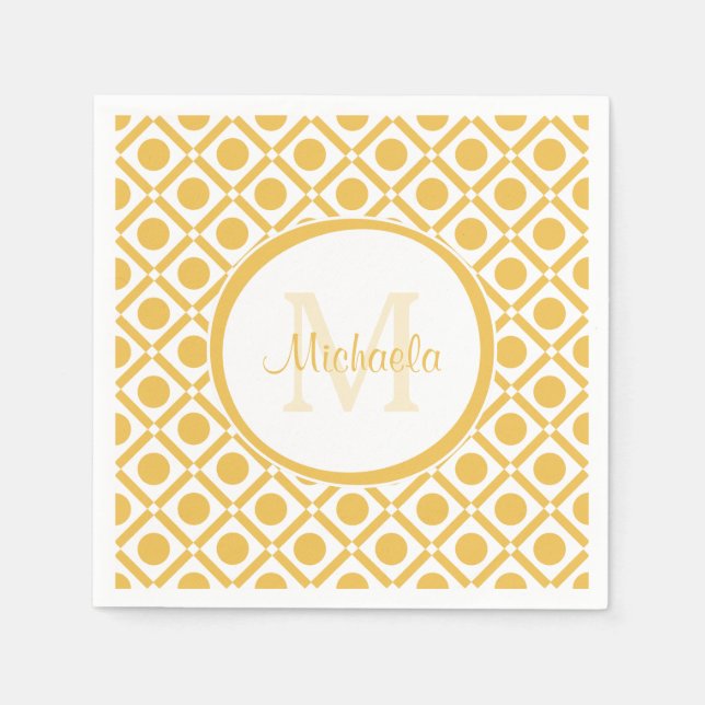 Modern Yellow and White Geometric Monogrammed Name Napkin (Front)