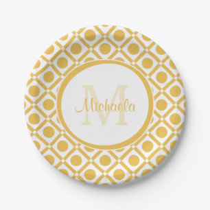 Modern Yellow and White Geometric Monogrammed Name Paper Plate