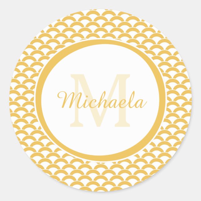 Modern Yellow and White Scallops Monogram and Name Classic Round Sticker (Front)