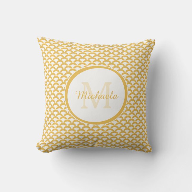 Modern Yellow and White Scallops Monogram and Name Cushion (Front)