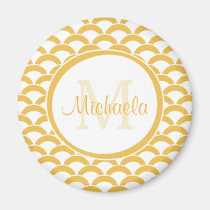 Modern Yellow and White Scallops Monogram and Name Magnet