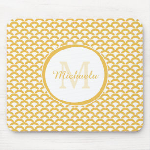 Modern Yellow and White Scallops Monogram and Name Mouse Pad