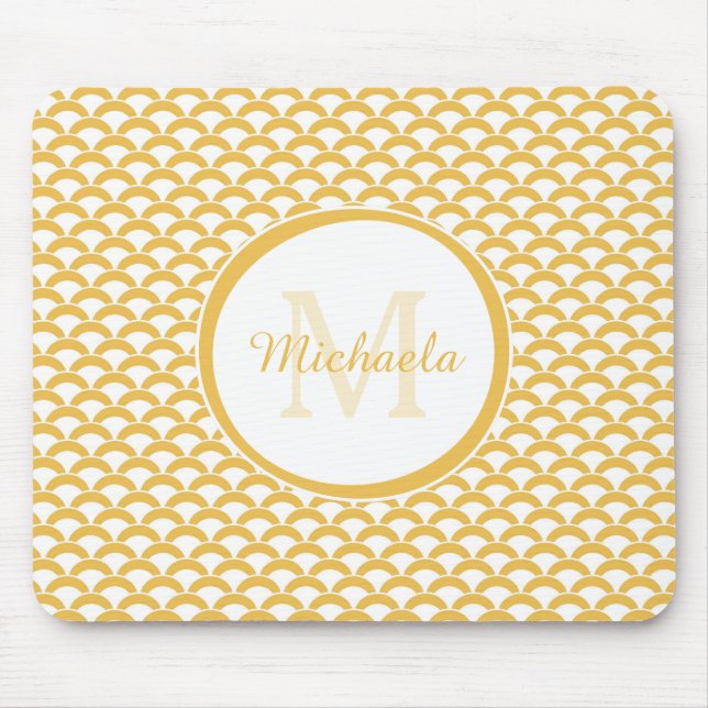 Modern Yellow and White Scallops Monogram and Name Mouse Pad (Front)