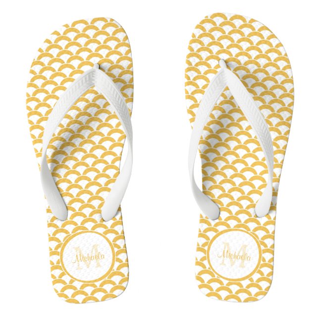 Modern Yellow and White Scallops Monogram and Name Thongs (Footbed)