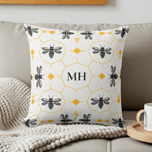Modern Yellow Bee Pattern Black Elegant Monogram Cushion