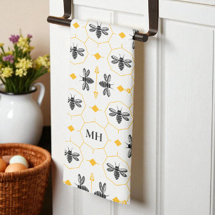 Modern Yellow Bee Pattern Black Elegant Monogram Tea Towel