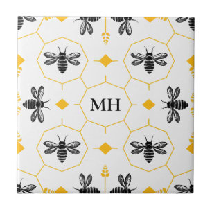 Modern Yellow Bee Pattern Elegant Black Monogram Ceramic Tile