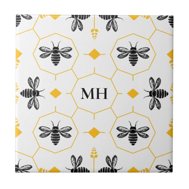 Modern Yellow Bee Pattern Elegant Black Monogram Ceramic Tile (Front)