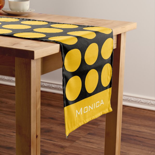 Modern yellow  beige &black dots monogram name long table runner (In Situ)