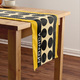 Modern yellow beige &black dots monogram name short table runner