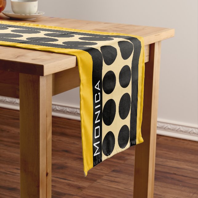 Modern yellow  beige &black dots monogram name short table runner (In Situ)