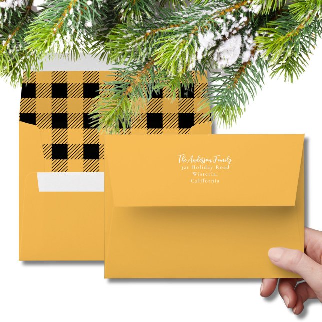 Modern Yellow & Black Christmas Buffalo Plaid Envelope (Creator Uploaded)