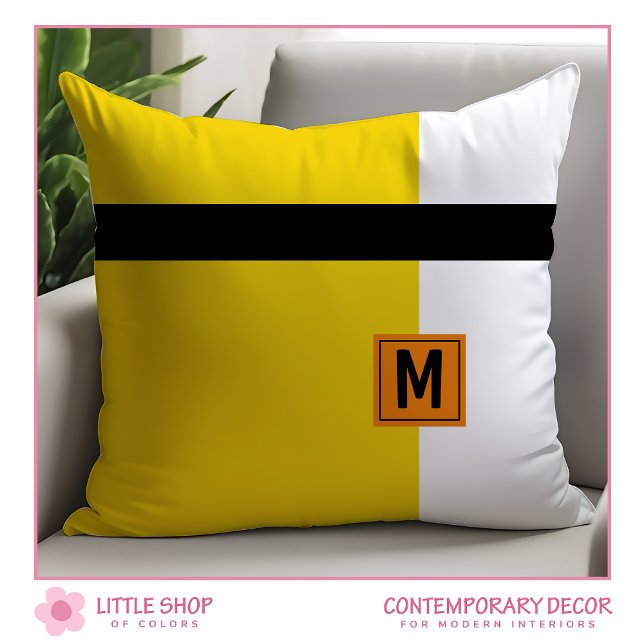 Modern Yellow Black Colour Block Monogrammed Cushion (Creator Uploaded)